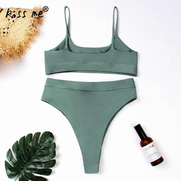 Solid Two Piece Swimsuit Summer Beach Tankini Set Sling Halter Top Bra High Waist Beach Thong Female Beach Wear Bathing Suit