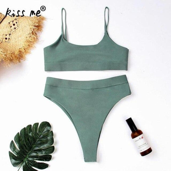 Solid Two Piece Swimsuit Summer Beach Tankini Set Sling Halter Top Bra High Waist Beach Thong Female Beach Wear Bathing Suit