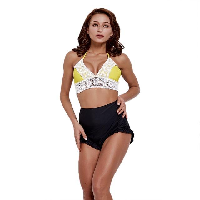 SALE Women Tankini Halter Top Hollow Out Lace High Waist Bikini Swimwear Lady Wire Free Padded Bra Swimsuit Beach Suit
