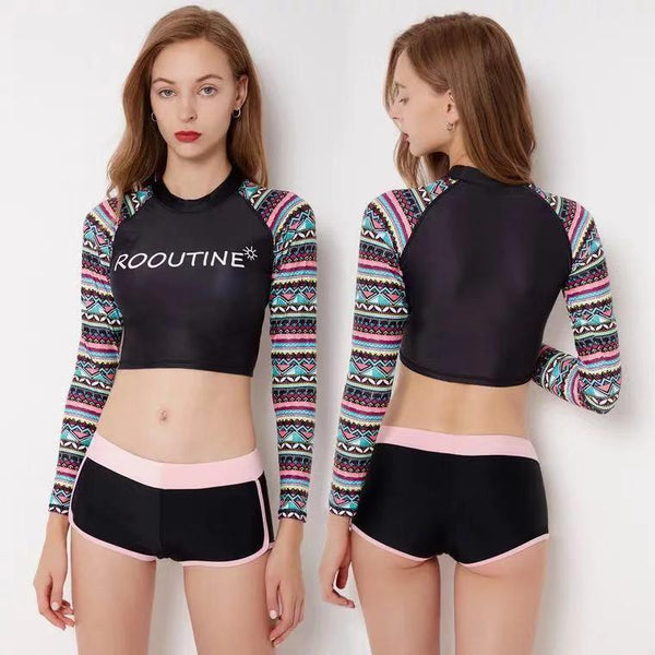 Printed Rash Guard 2019 Ladies Two-Pieces Swimwear High Neck Swimsuit Tankini Surf Clothes Crop Top Bathing Suits