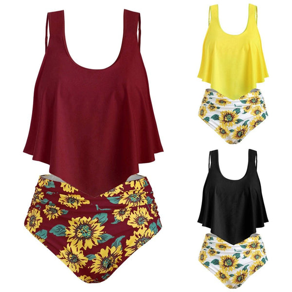 Women Ruffled High Waisted Tankini Set Solid Strap Tank Tops Swimwear Sunflower Printed Female Biquini Bathing Suit