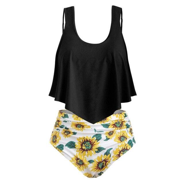 Women Ruffled High Waisted Tankini Set Solid Strap Tank Tops Swimwear Sunflower Printed Female Biquini Bathing Suit