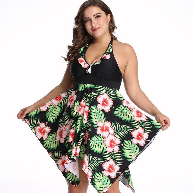 Plus Size Women Two Pieces Tankini Bikini Set Dress Top Shorts Swimwear Halter Floral Swimsuit Female Bathing Suit