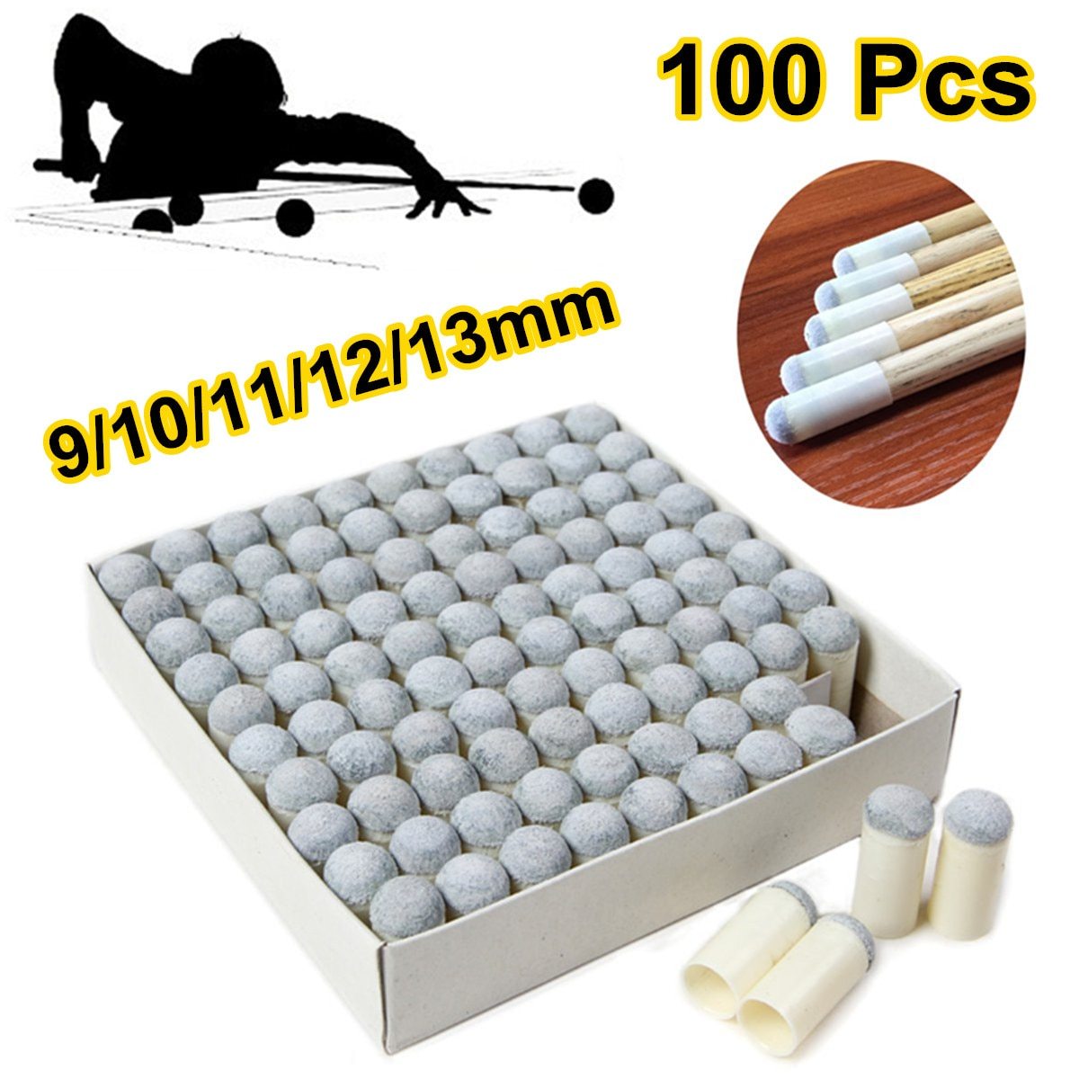100Pcs 9/10/11/12/13mm Tip Slip-on Pool Cue Tips Billiard Billiard Club Head Tip Snooker Mouth Billiard Accessories