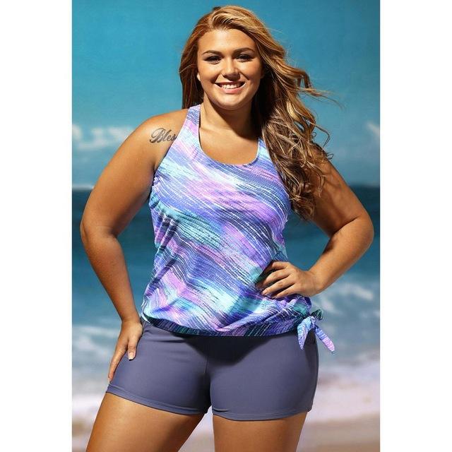 Plus Size Sexy Women Swimsuit Swimwear Tankini Top Shorts Set Print Pockets Bathing Suit Beachwear Rose/Blue Beach Cover Up