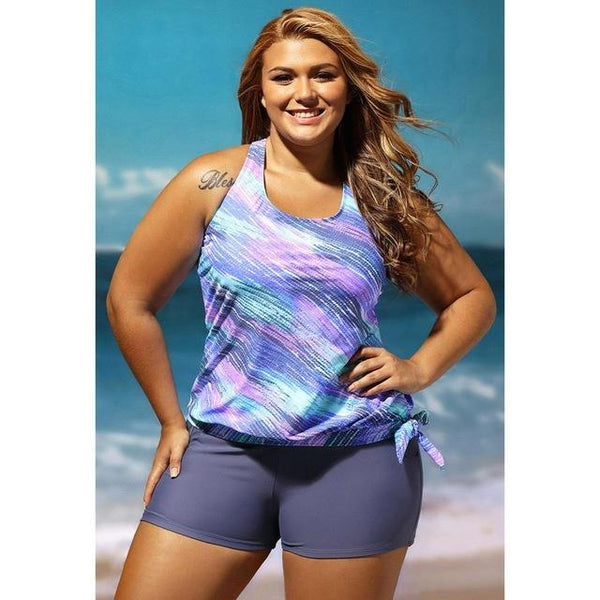 Plus Size Sexy Women Swimsuit Swimwear Tankini Top Shorts Set Print Pockets Bathing Suit Beachwear Rose/Blue Beach Cover Up