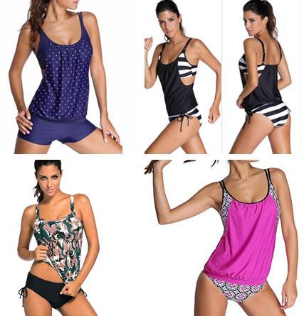 2017 S - XXXL Plus Size Stripes Lined Up Double Up Tankini Top Swimwear Women Sport push up bikini set two piece swim suits