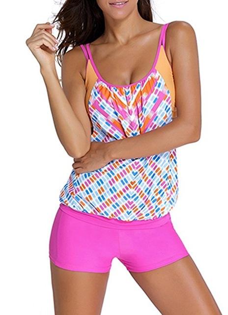 2017 S - XXXL Plus Size Stripes Lined Up Double Up Tankini Top Swimwear Women Sport push up bikini set two piece swim suits