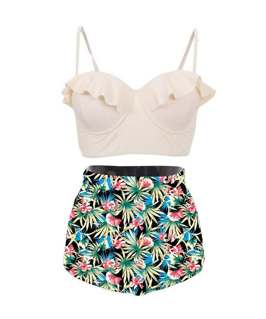 2017 new Women's Ruffle swimsuit Black Midkini Tankinis Top High waisted waist pin up Swimwear BIKINI SET Graphic Aztec shorts