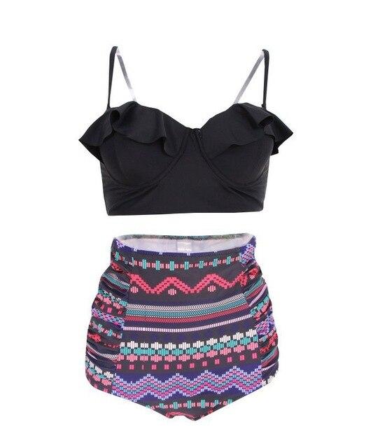 2017 new Women's Ruffle swimsuit Black Midkini Tankinis Top High waisted waist pin up Swimwear BIKINI SET Graphic Aztec shorts