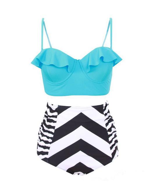 2017 new Women's Ruffle swimsuit Black Midkini Tankinis Top High waisted waist pin up Swimwear BIKINI SET Graphic Aztec shorts