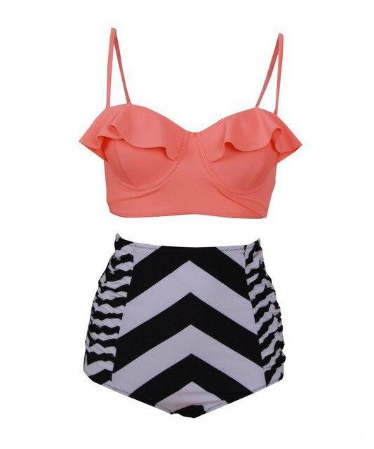 2017 new Women's Ruffle swimsuit Black Midkini Tankinis Top High waisted waist pin up Swimwear BIKINI SET Graphic Aztec shorts