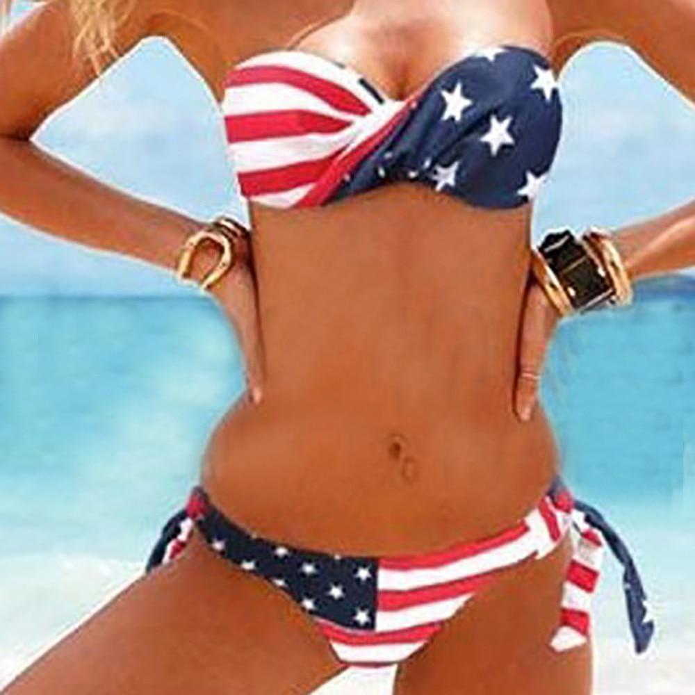Sling Tie American US Flag print women bikini suit sexy Padded US flag summer beachwear swimming wearing Twist style sale #10