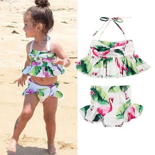 Newborn Kid Baby Girl Flamingo Floral Tankini Swimwear Halter Crop Top Swimsuit Bikini Set Bathing Suit