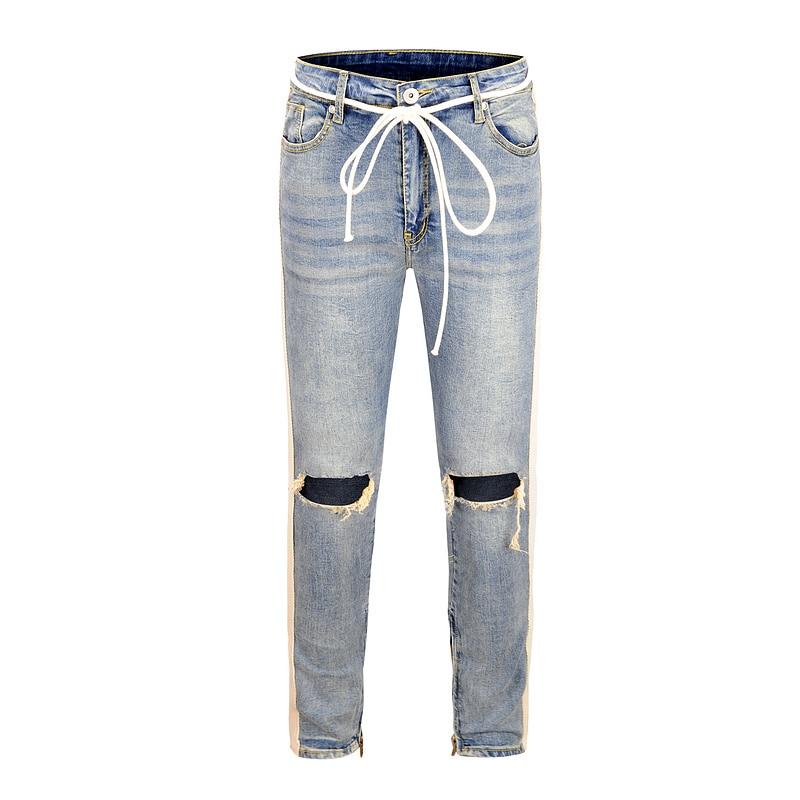 2018 Black Icon FOG Style Justin Bieber Ripped Destoryed Jeans Skinny Fit Men Jeans Striped Side Zipper Knee Holes Denim Jeans