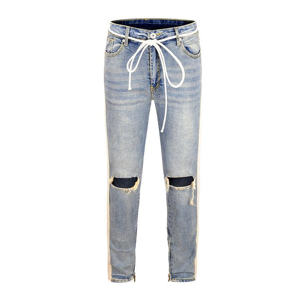 2018 Black Icon FOG Style Justin Bieber Ripped Destoryed Jeans Skinny Fit Men Jeans Striped Side Zipper Knee Holes Denim Jeans