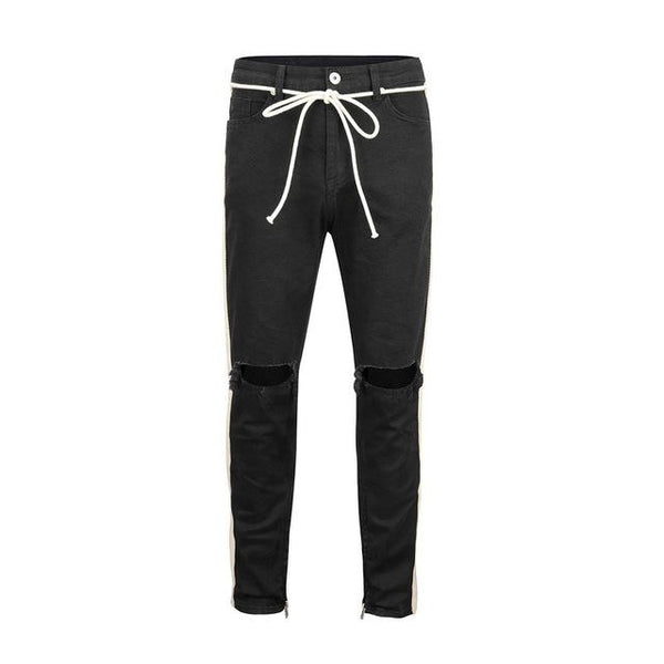 2018 Black Icon FOG Style Justin Bieber Ripped Destoryed Jeans Skinny Fit Men Jeans Striped Side Zipper Knee Holes Denim Jeans