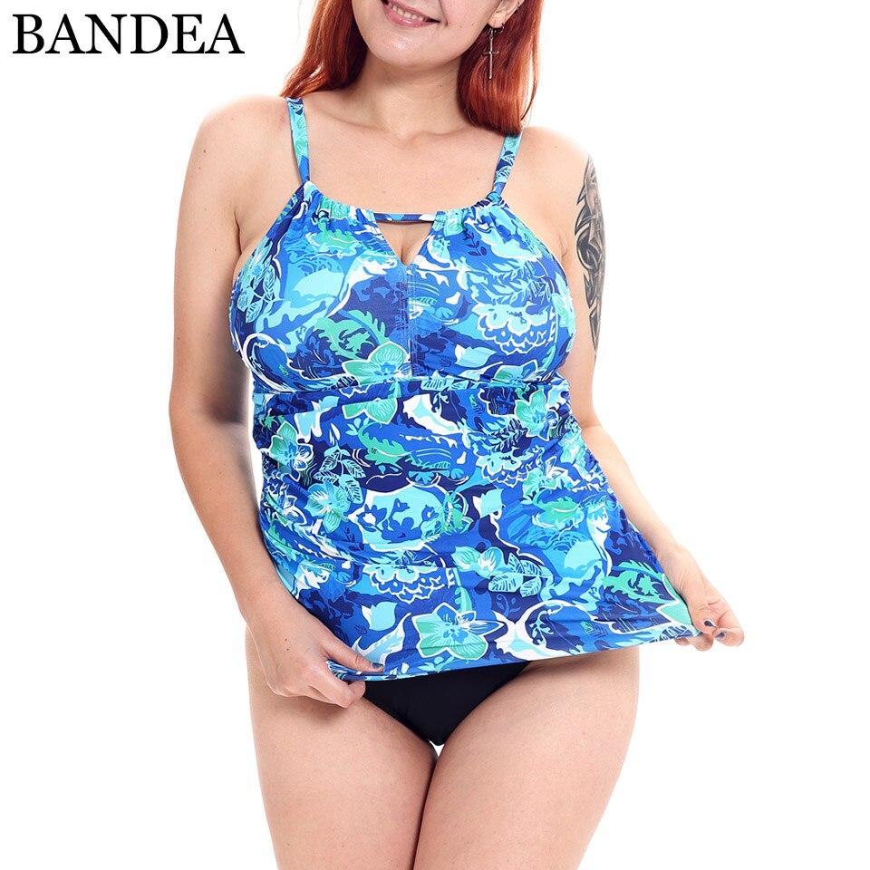 BANDEA Plus Size Plant Print Swimwear Notched Gathered Neckline Tankini Set Lined Top Bathing Suit women Beachwear 4XL