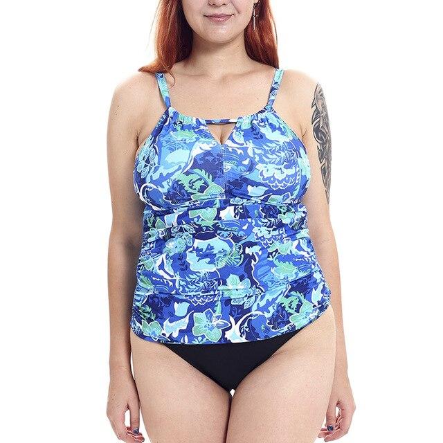 BANDEA Plus Size Plant Print Swimwear Notched Gathered Neckline Tankini Set Lined Top Bathing Suit women Beachwear 4XL