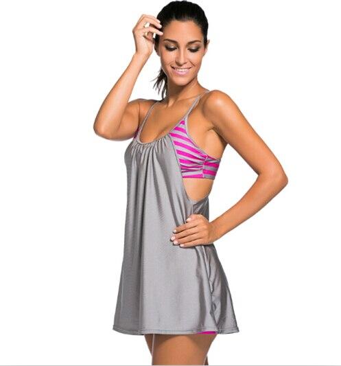 SEBOWEL 2018 Sexy Skirt Swimsuit Stripe Tankini Tops Women Summer Beach Flowing Swim Dress Layered 1 Piece Tankini Top Plus size