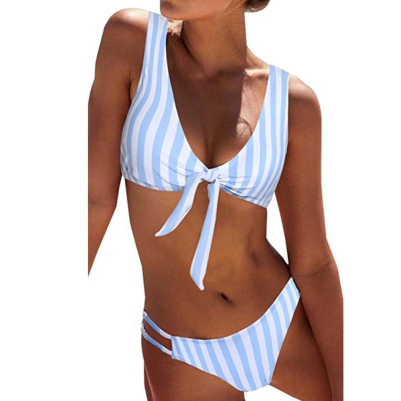 KLV two piece swimsuit for women Sexy Detachable Padded Cutout Push up Striped Bikini Set Swim suit costumi da bagno donna #@F