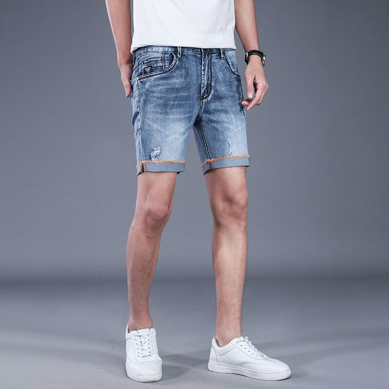 Mens Breathable High Stretch Denim Shorts Male Summer Ripped Hole Casual Jeans Shorts Distressed Straight Short AA11492
