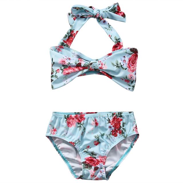 2Pcs Baby Girls Halter Bow Swimwear Two-piece Kids Girl Floral Bikini Swimwears Swimsuit Bathing Suit Swimming Costume