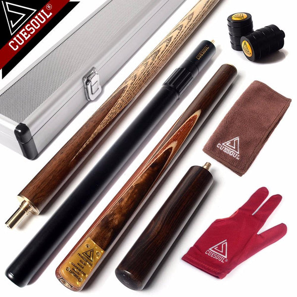 CUESOUL 57" Snooker Cue Handcraft 3/4 Jointed with Mini Butt End Extension Packed in Aluminium Cue Case