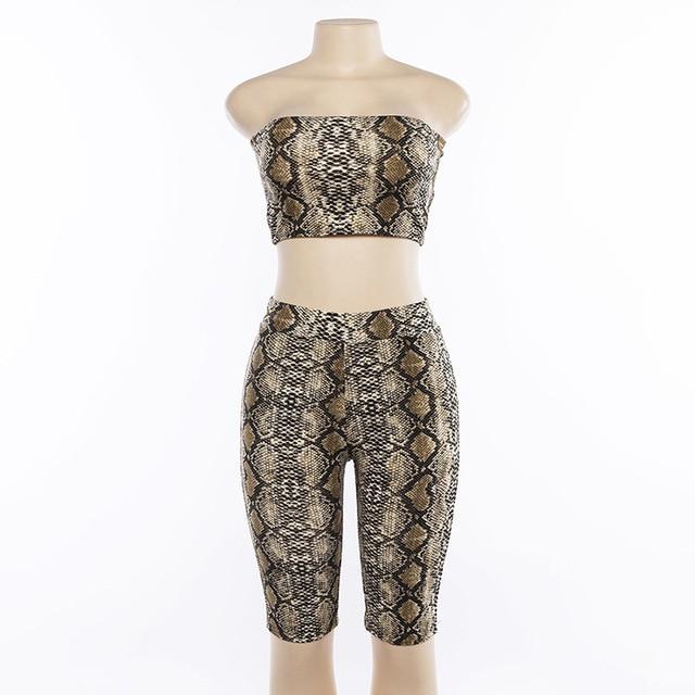 Simenual Sexy snake print two piece set strapless crop top and biker shorts high waist push up tracksuit women sets streetwear