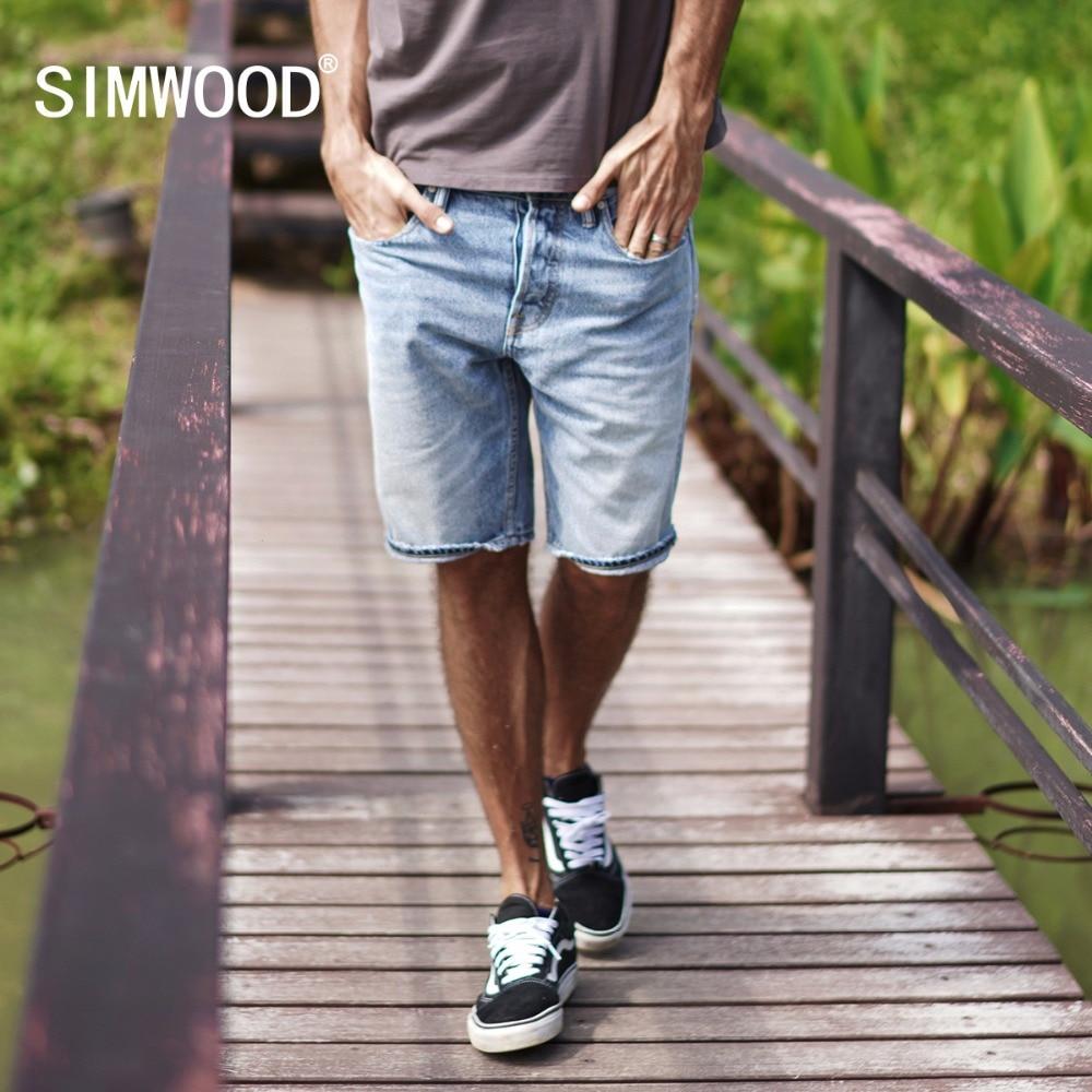 SIMWOOD 2019 Summer New Selvage Denim Shorts Fashion Ripped Knee Length Jeans RedLine High Quality Ripped Shorts 180085