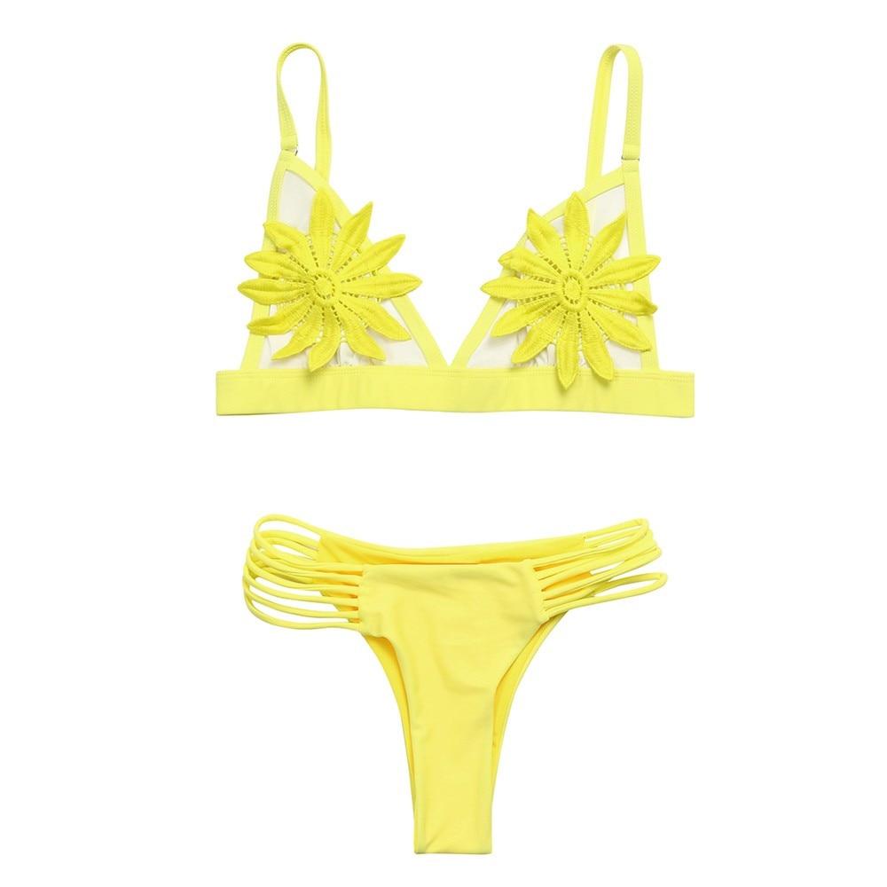 Half Transparent Women Swim Bikini Patch Mesh Flower Stitching Biquini Bathing Wearing Padded Top Lady Girl Swimming wear sale