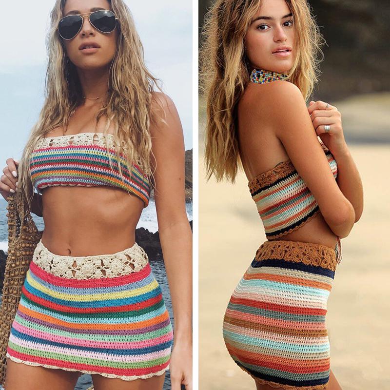 Fashion Colorful Lace Up Crop Top and High Waist Skirt Set 2019 Women Summer Beach Bikini Swim Bathing Suit Cover Up Beachwear