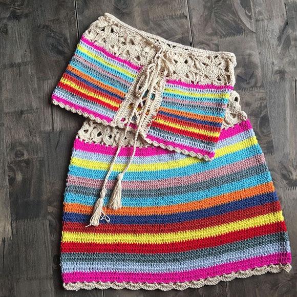 Fashion Colorful Lace Up Crop Top and High Waist Skirt Set 2019 Women Summer Beach Bikini Swim Bathing Suit Cover Up Beachwear