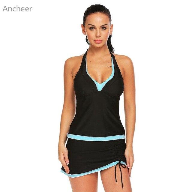 2018 Swimsuit Print Halter Padded Backless Women Swimwear Tankini Top with Skirted Women's Swimsuits Of Large Sizes XXXL