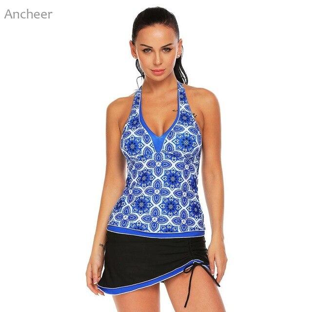 2018 Swimsuit Print Halter Padded Backless Women Swimwear Tankini Top with Skirted Women's Swimsuits Of Large Sizes XXXL