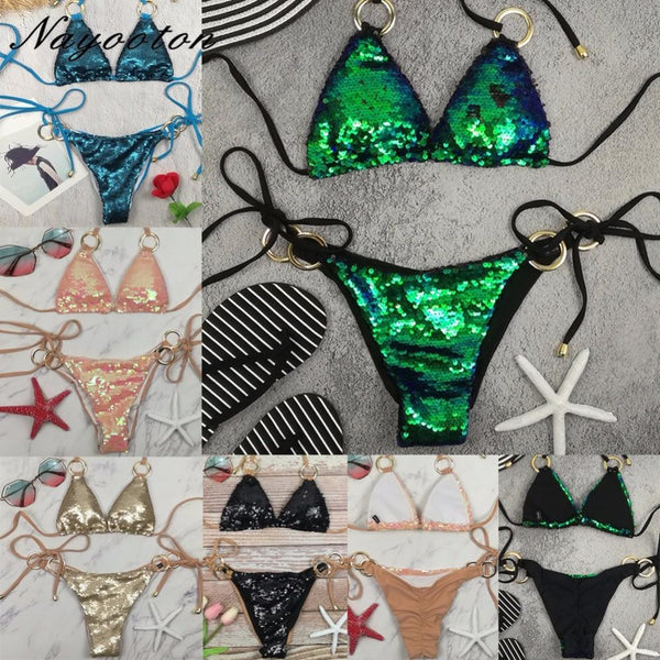 2019 Hot Sell Bikini Set Women Sexy Low Waist Bathing Suit Simple Sequins Beach Brazilian Swimsuit Halter Bandage Swimwear