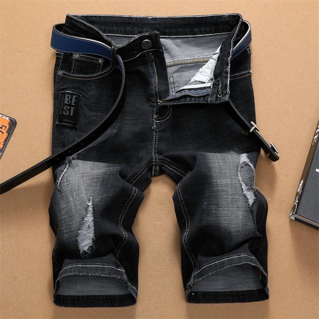 2019 Summer New Men StraighDenim Shorts Fashion Trend Leisure Hole Ripped Jeans Black Elastic Short Male Brand Plus Size 40 42