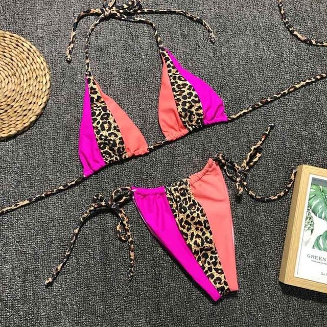 Triangle Leopard Bikinis 2019 Mujer Biquini Neon Green String Tie Tiny Bikini Sexy Thong Swimsuit push up Micro Bathers 3939