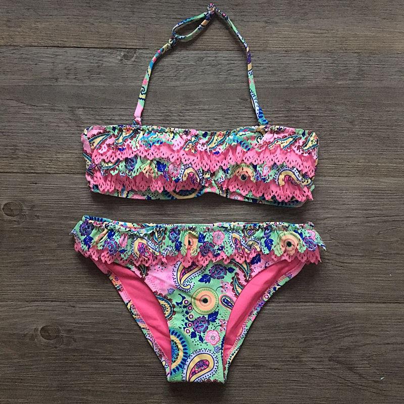 Girls Split Hollow Falbala Bikini Two-piece Swim Suits Bikini Children Swimwear Kids Bathing Suit Girl Beachwear for Hot Spring