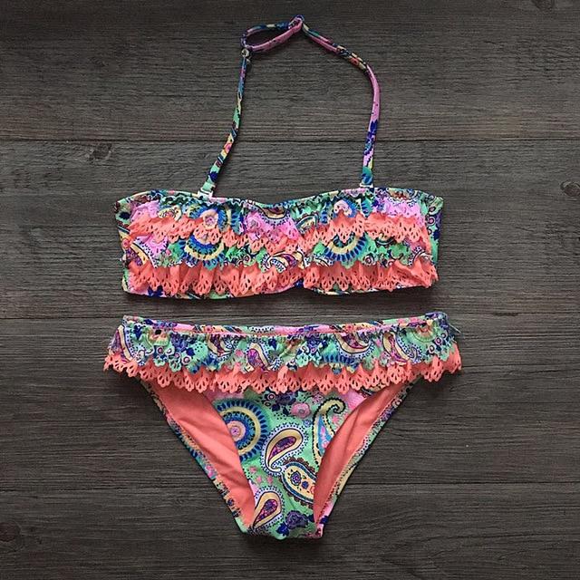 Girls Split Hollow Falbala Bikini Two-piece Swim Suits Bikini Children Swimwear Kids Bathing Suit Girl Beachwear for Hot Spring