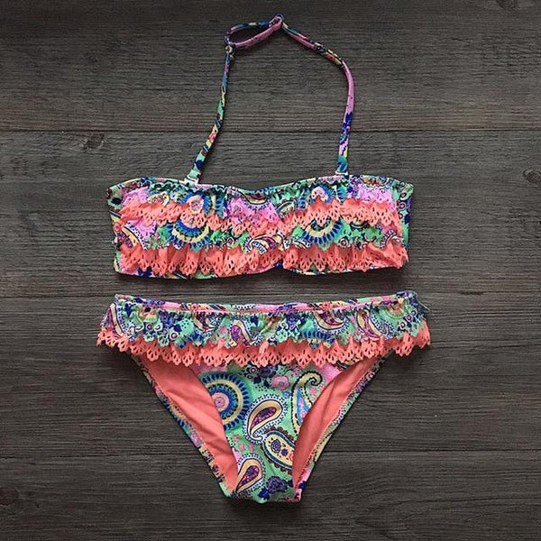 Girls Split Hollow Falbala Bikini Two-piece Swim Suits Bikini Children Swimwear Kids Bathing Suit Girl Beachwear for Hot Spring