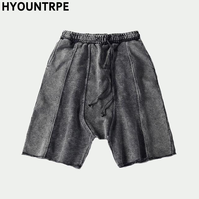 Men Retro Loose Cross Shorts New Fashion Washed Cotton Half Length Sweatpant Casual Elastic Waist Ripped Hip Hop Streetwear Pant
