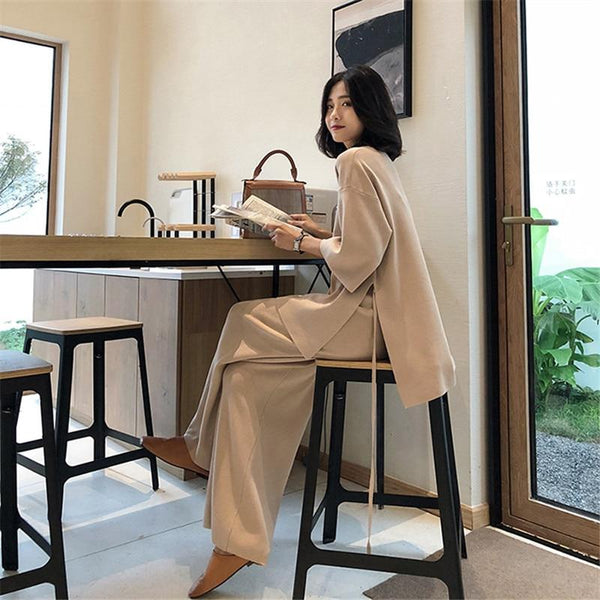 Knitting Female Sweater Pantsuit For Women Two Piece Set Knitted Pullover V-neck Long Sleeve Bandage Top Wide Leg Pants Suit