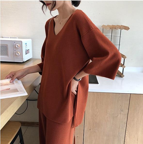Knitting Female Sweater Pantsuit For Women Two Piece Set Knitted Pullover V-neck Long Sleeve Bandage Top Wide Leg Pants Suit