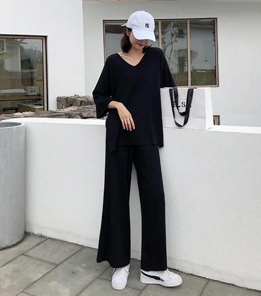 Knitting Female Sweater Pantsuit For Women Two Piece Set Knitted Pullover V-neck Long Sleeve Bandage Top Wide Leg Pants Suit