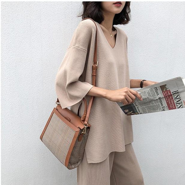 Knitting Female Sweater Pantsuit For Women Two Piece Set Knitted Pullover V-neck Long Sleeve Bandage Top Wide Leg Pants Suit