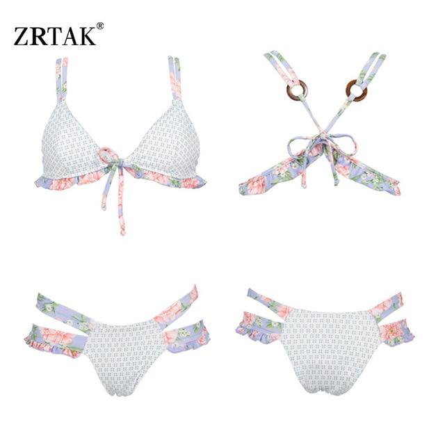 Zrtak Ruffle Bikini Bandage Floral Bow Swimsuit Female Swimwear Print Lace UP Biquini Feminino Bathing Suit Women Bikini Set