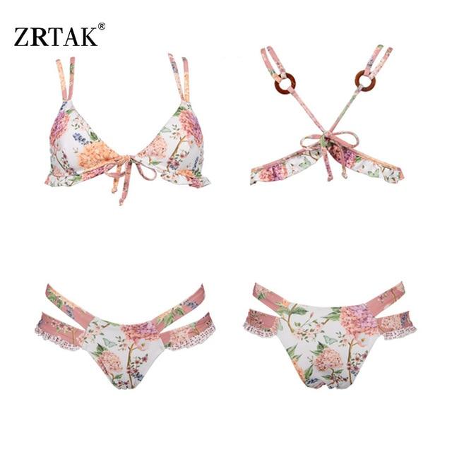 Zrtak Ruffle Bikini Bandage Floral Bow Swimsuit Female Swimwear Print Lace UP Biquini Feminino Bathing Suit Women Bikini Set