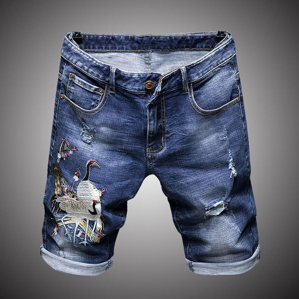 Men Ripped Hole Denim Shorts Mens Retro Shorts Crane Embroidery 2019 Summer Hip Hop Skinny Short Jeans Harajuku Cotton WY277