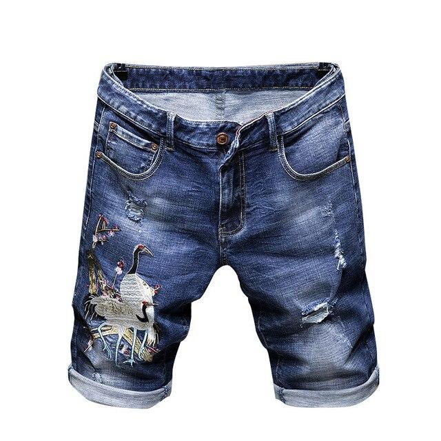 Men Ripped Hole Denim Shorts Mens Retro Shorts Crane Embroidery 2019 Summer Hip Hop Skinny Short Jeans Harajuku Cotton WY277